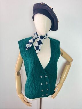 90’s Vintage Talbots Shetland Wool Cable Knit Teal Double Breasted Sweater Vest